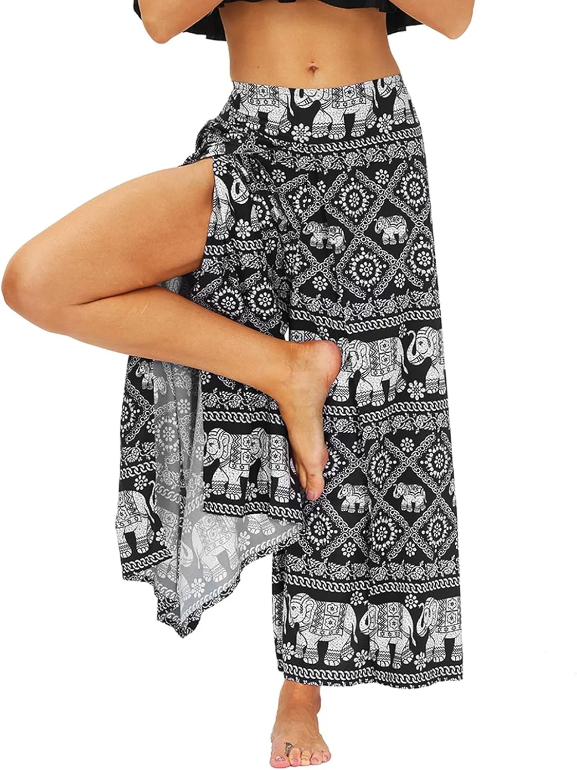 Lu's Chic Women's Boho Pants Wide Leg Gaucho Harem Yoga Flowy Bohemian Indian Side Split Palazzo