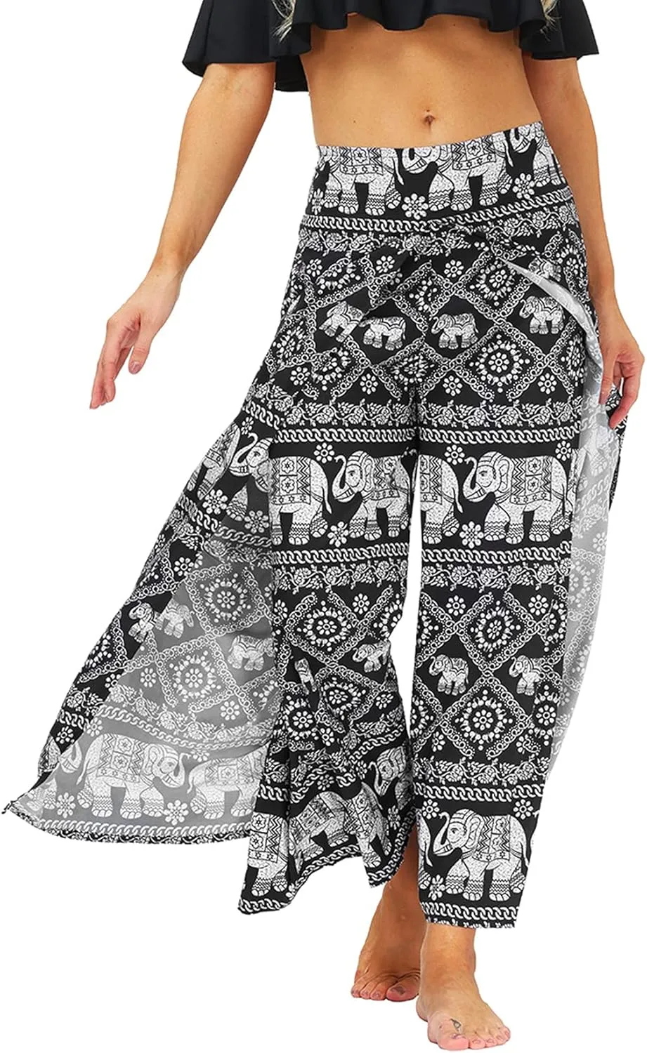 Lu's Chic Women's Boho Pants Wide Leg Gaucho Harem Yoga Flowy Bohemian Indian Side Split Palazzo