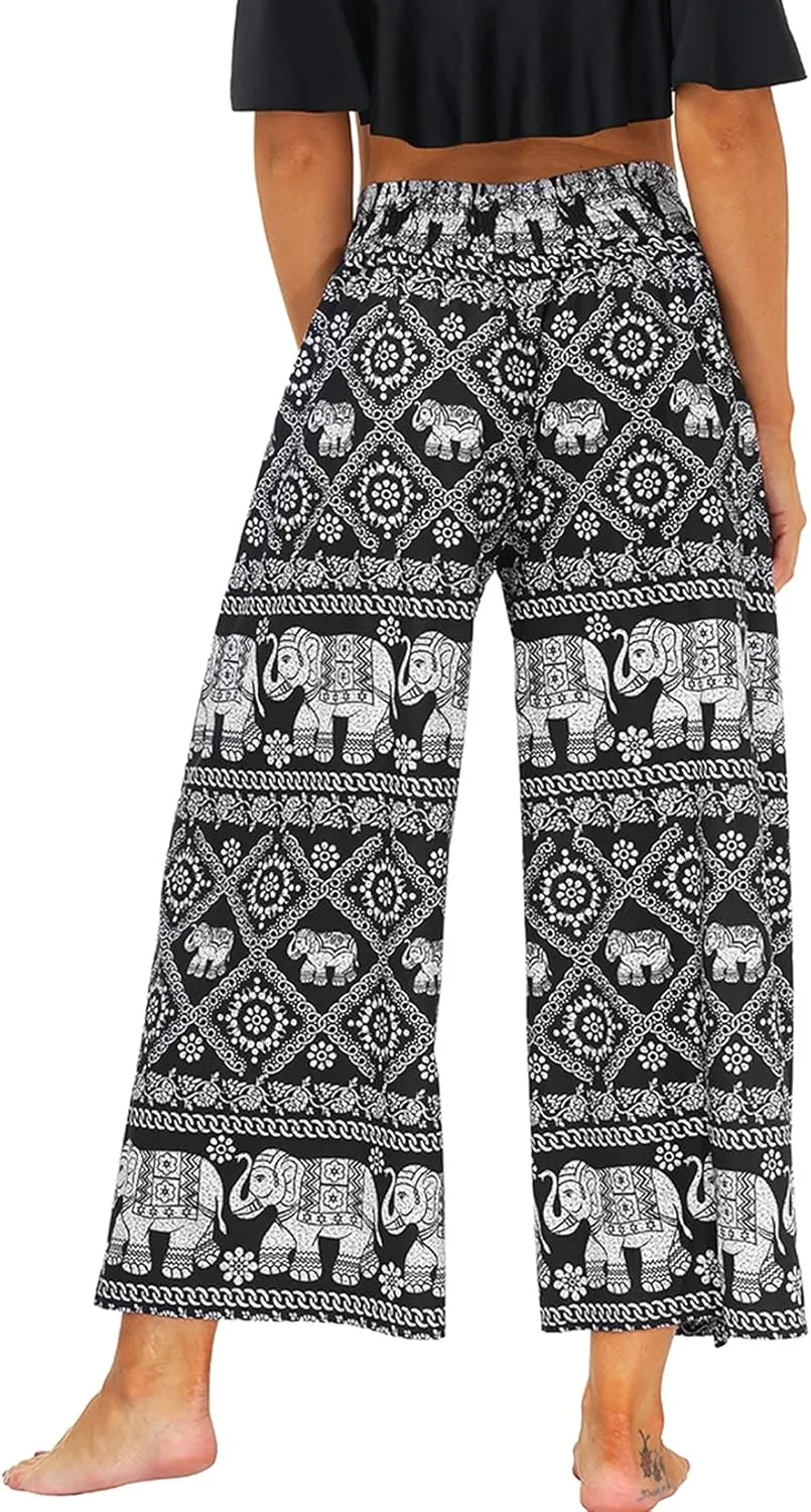 Lu's Chic Women's Boho Pants Wide Leg Gaucho Harem Yoga Flowy Bohemian Indian Side Split Palazzo