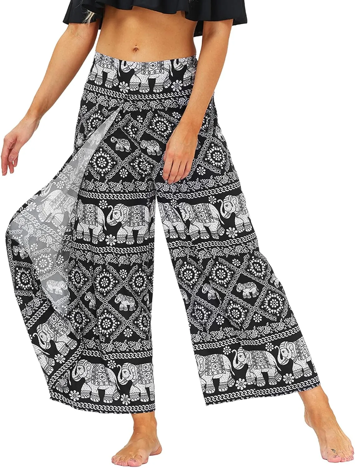 Lu's Chic Women's Boho Pants Wide Leg Gaucho Harem Yoga Flowy Bohemian Indian Side Split Palazzo