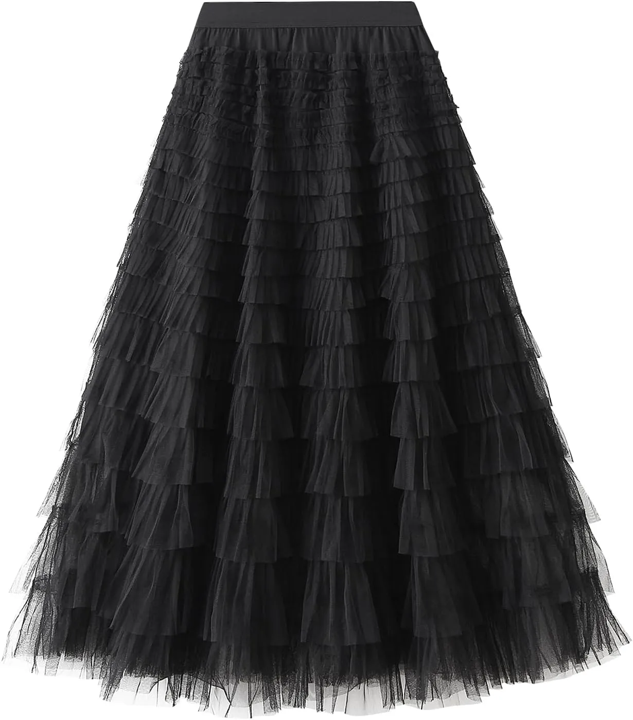 Lu's Chic Women's Ruffle Maxi Skirt Cute Elastic Waist Layered Casual Overlay Basic Fashion Tiered Long Tulle Skirt