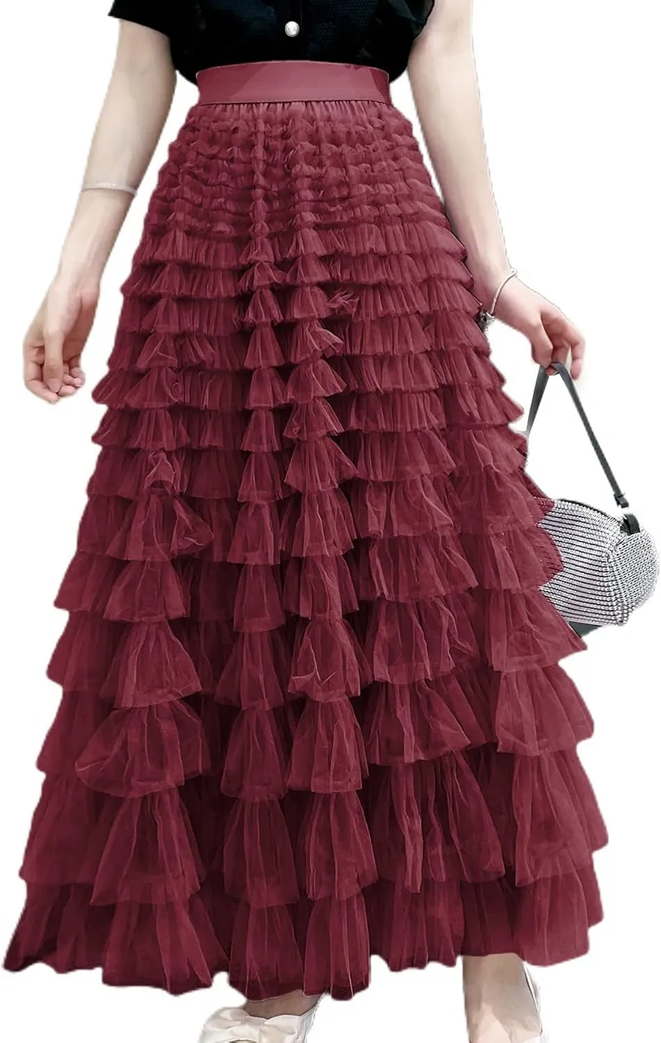 Lu's Chic Women's Ruffle Maxi Skirt Cute Elastic Waist Layered Casual Overlay Basic Fashion Tiered Long Tulle Skirt