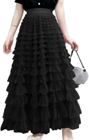 Lu's Chic Women's Ruffle Maxi Skirt Cute Elastic Waist Layered Casual Overlay Basic Fashion Tiered Long Tulle Skirt
