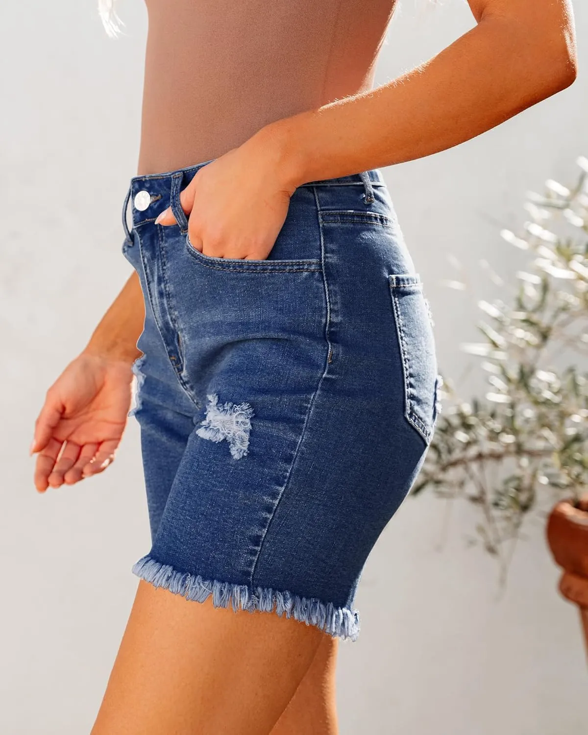 luvamia Jean Shorts for Women High Waisted Trendy Casual Distressed Stretchy Denim Long Shorts Ripped Raw Hem Shorts
