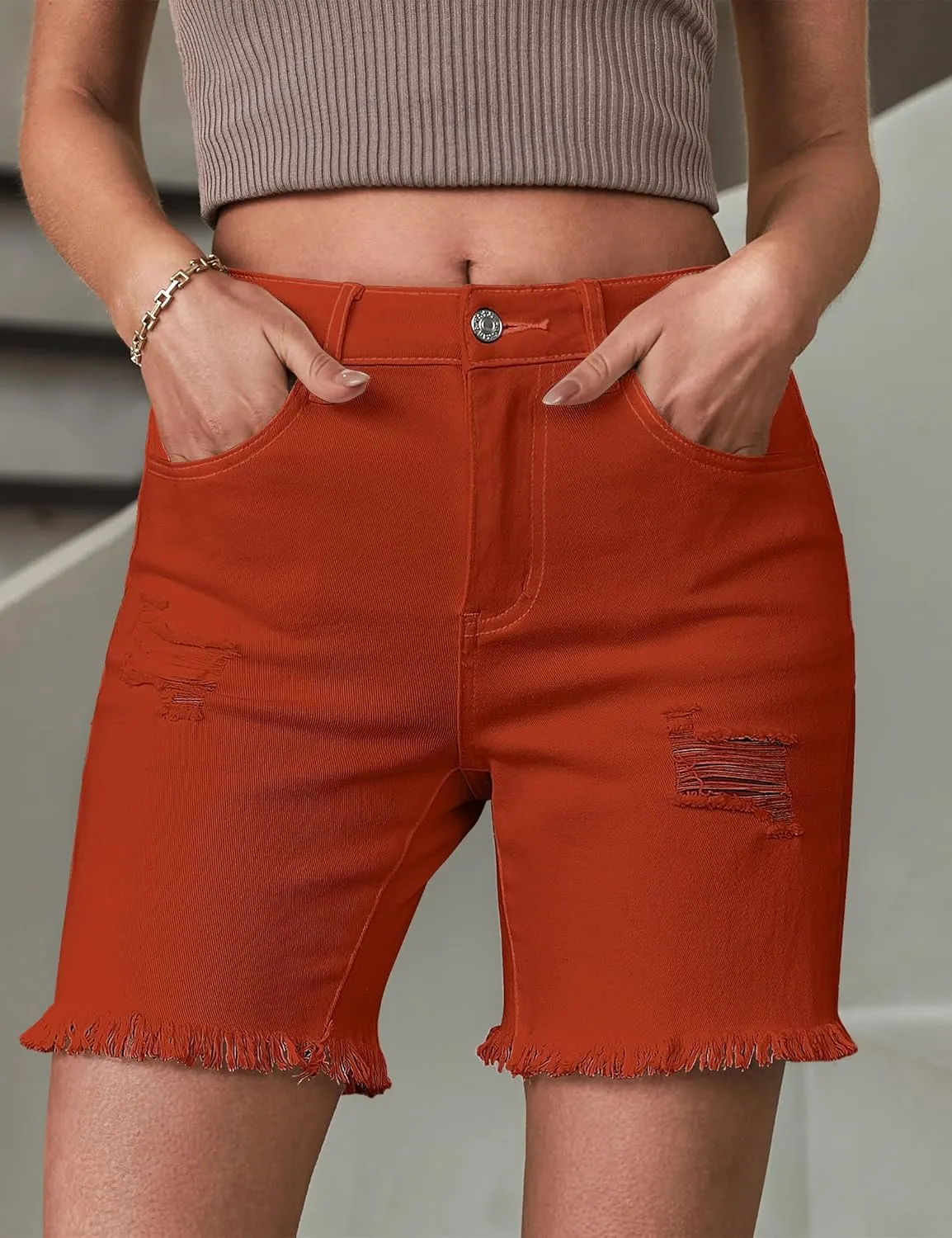 luvamia Jean Shorts for Women High Waisted Trendy Casual Distressed Stretchy Denim Long Shorts Ripped Raw Hem Shorts