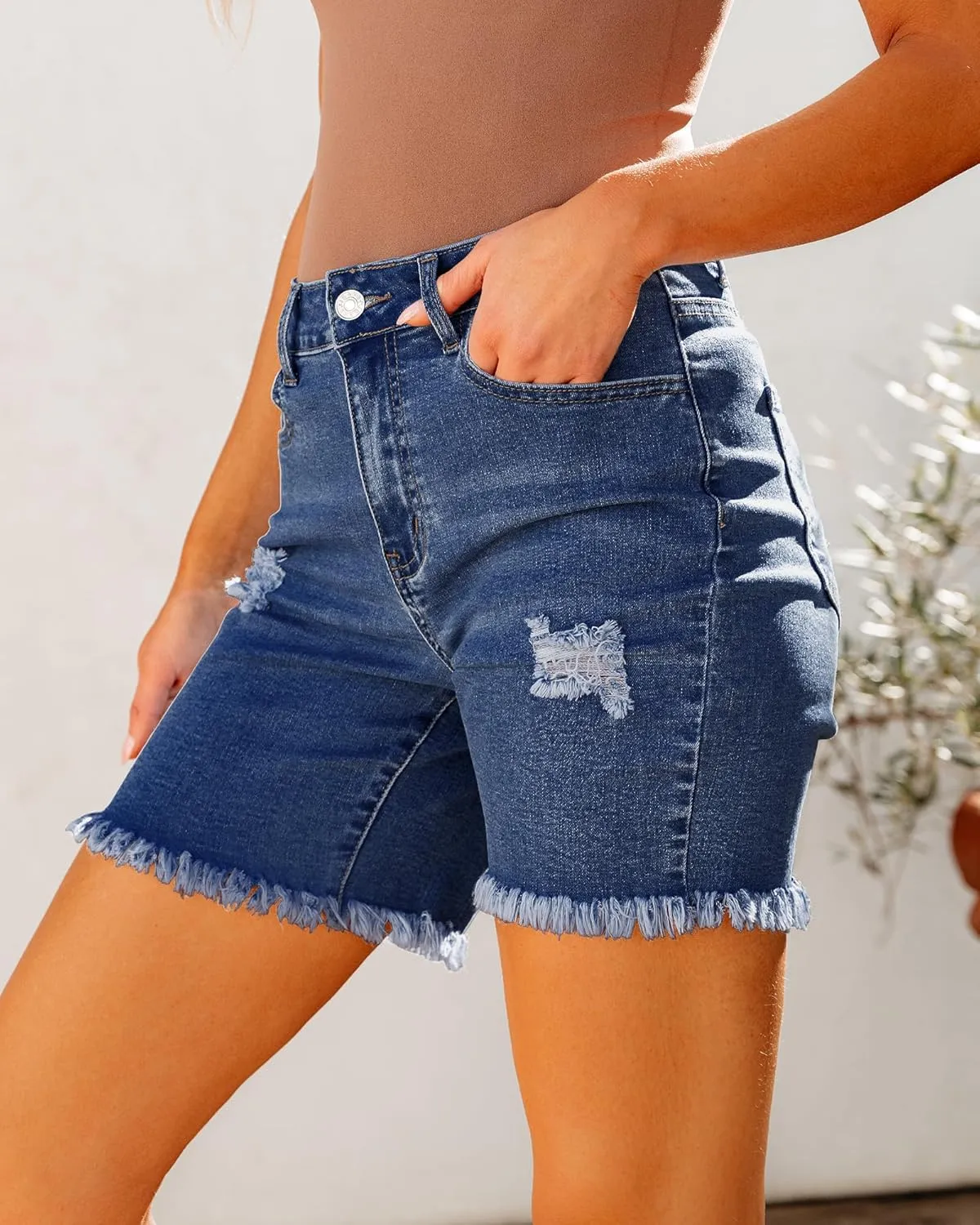 luvamia Jean Shorts for Women High Waisted Trendy Casual Distressed Stretchy Denim Long Shorts Ripped Raw Hem Shorts