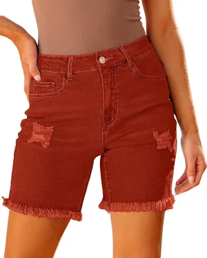 luvamia Jean Shorts for Women High Waisted Trendy Casual Distressed Stretchy Denim Long Shorts Ripped Raw Hem Shorts