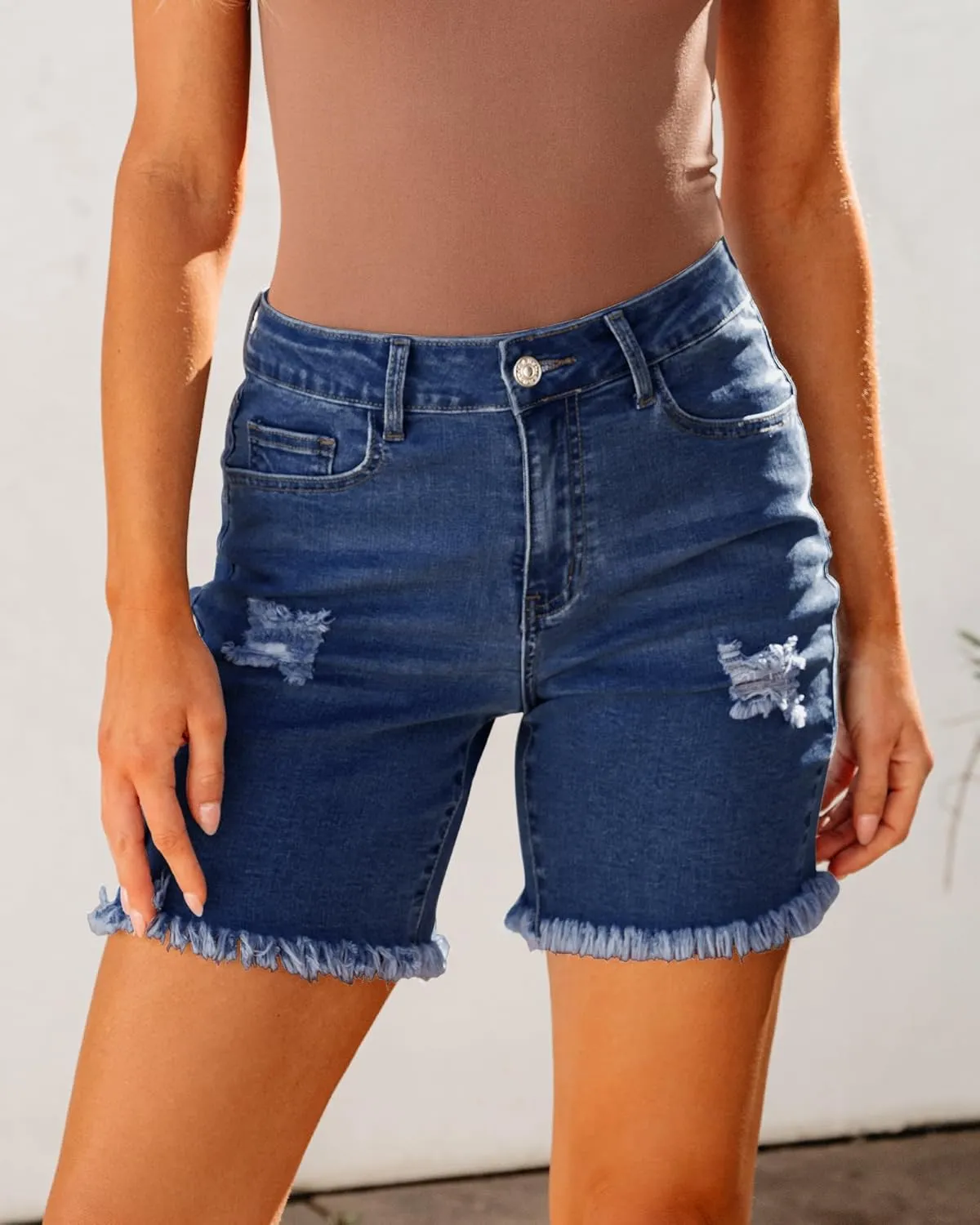 luvamia Jean Shorts for Women High Waisted Trendy Casual Distressed Stretchy Denim Long Shorts Ripped Raw Hem Shorts