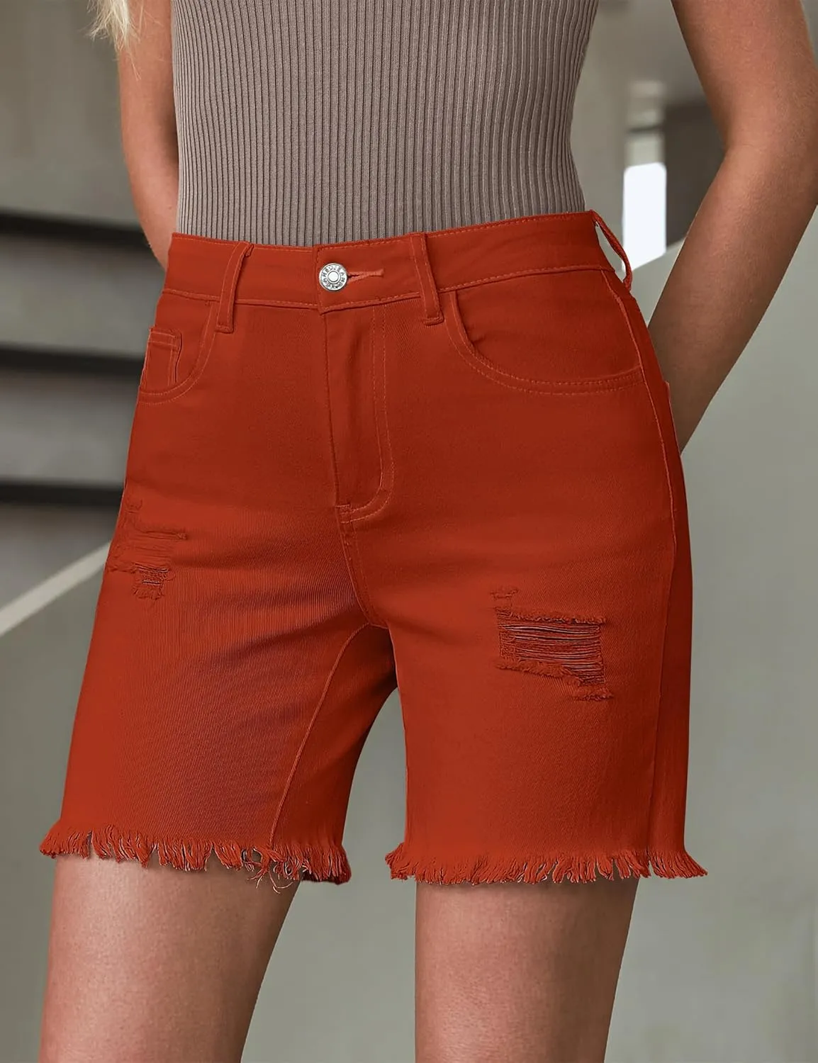 luvamia Jean Shorts for Women High Waisted Trendy Casual Distressed Stretchy Denim Long Shorts Ripped Raw Hem Shorts
