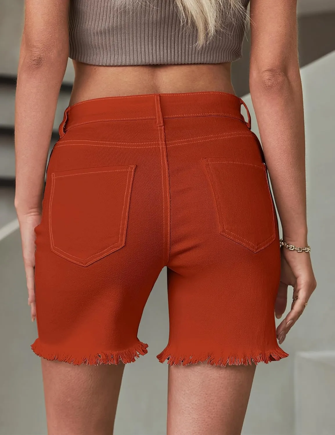 luvamia Jean Shorts for Women High Waisted Trendy Casual Distressed Stretchy Denim Long Shorts Ripped Raw Hem Shorts