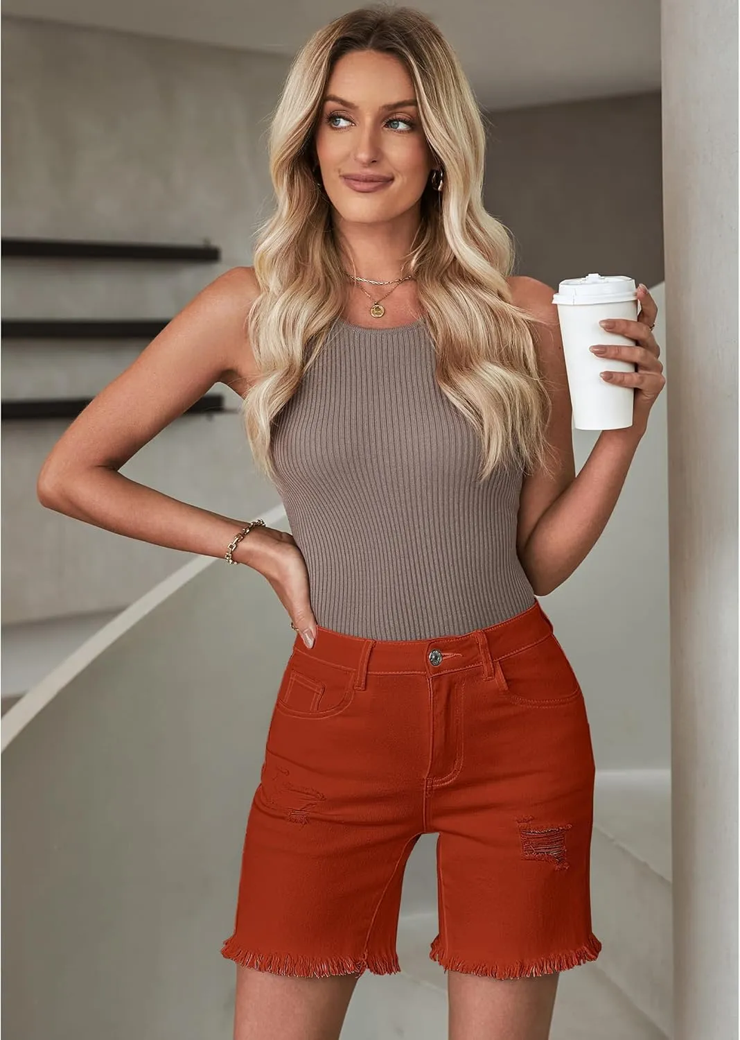 luvamia Jean Shorts for Women High Waisted Trendy Casual Distressed Stretchy Denim Long Shorts Ripped Raw Hem Shorts