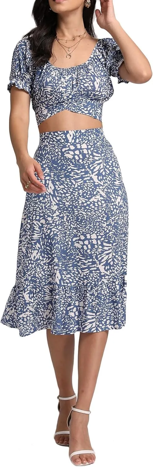 LYANER Women's 2 Piece Outfits Floral Self Tie Knot Crop Top and Midi Skirt Set