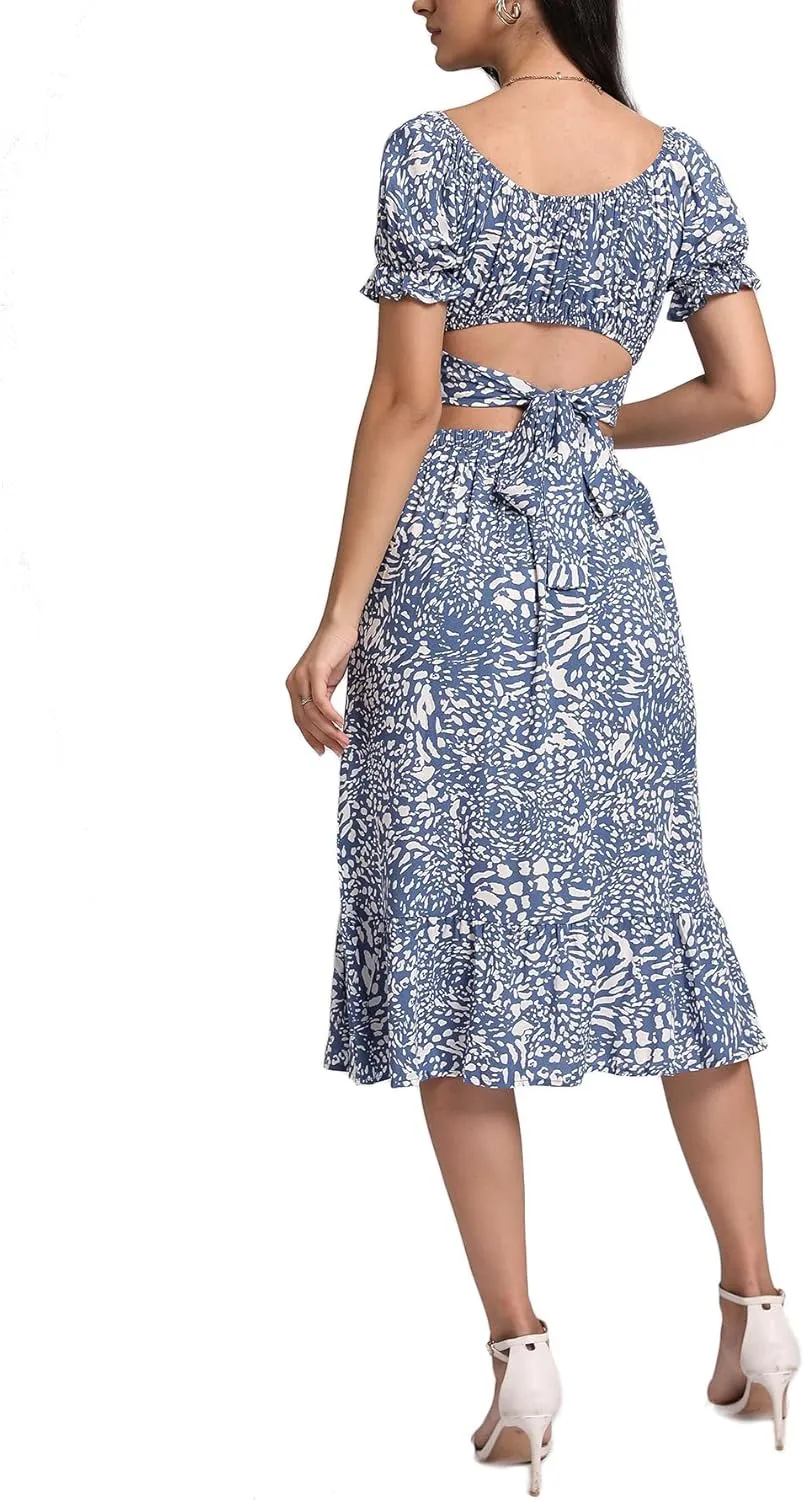 LYANER Women's 2 Piece Outfits Floral Self Tie Knot Crop Top and Midi Skirt Set