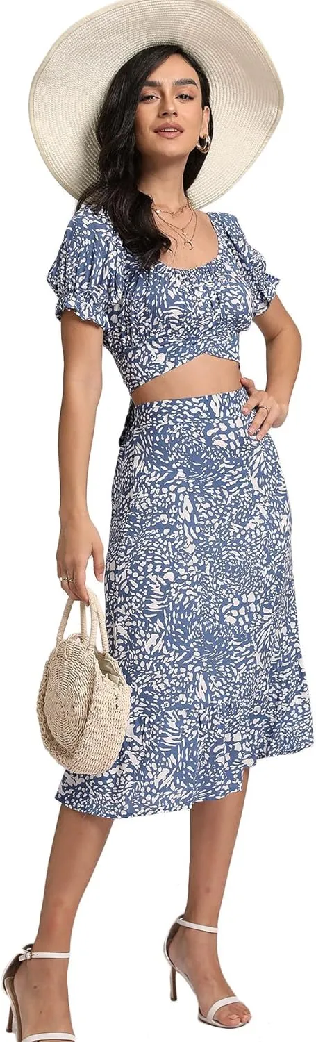 LYANER Women's 2 Piece Outfits Floral Self Tie Knot Crop Top and Midi Skirt Set