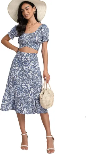 LYANER Women's 2 Piece Outfits Floral Self Tie Knot Crop Top and Midi Skirt Set