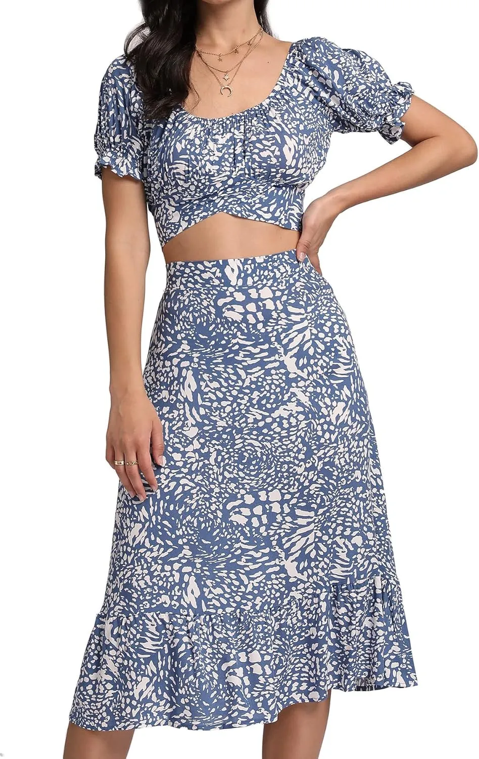 LYANER Women's 2 Piece Outfits Floral Self Tie Knot Crop Top and Midi Skirt Set