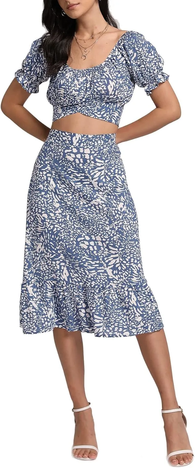LYANER Women's 2 Piece Outfits Floral Self Tie Knot Crop Top and Midi Skirt Set