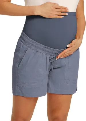 Maacie Maternity Cotton Shorts Casual Drawstring High Waist Shorts with Pockets