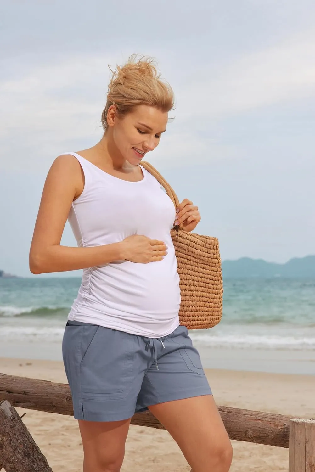 Maacie Maternity Cotton Shorts Casual Drawstring High Waist Shorts with Pockets