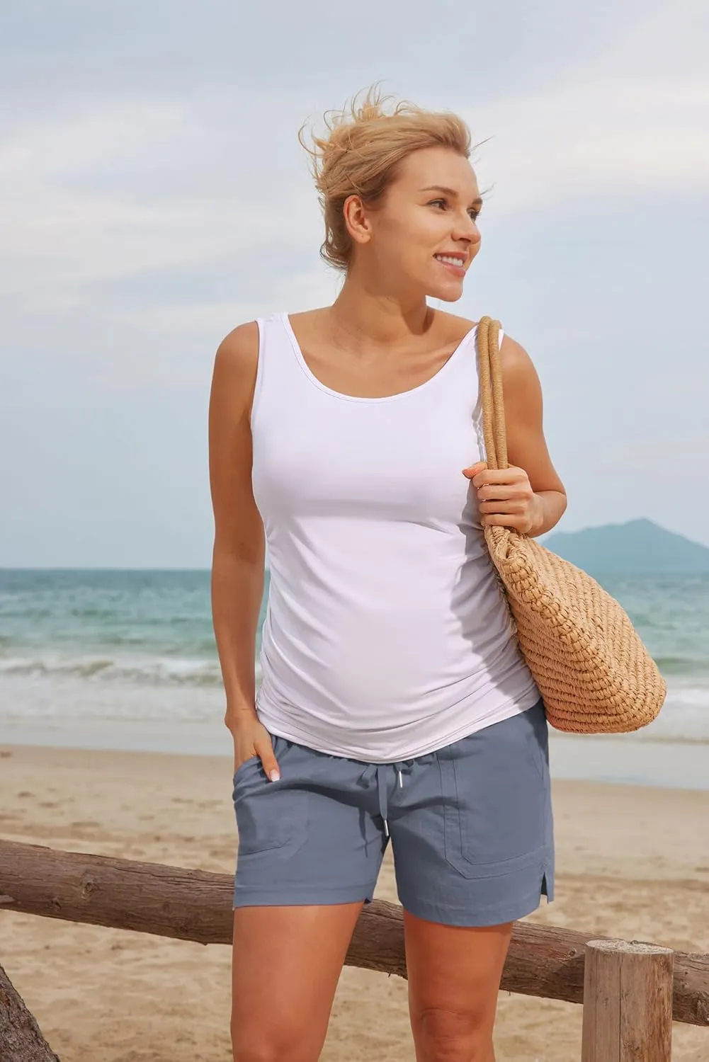 Maacie Maternity Cotton Shorts Casual Drawstring High Waist Shorts with Pockets