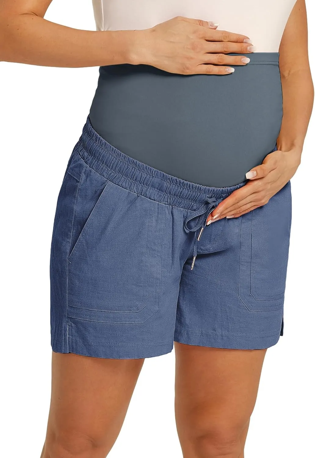 Maacie Maternity Cotton Shorts Casual Drawstring High Waist Shorts with Pockets