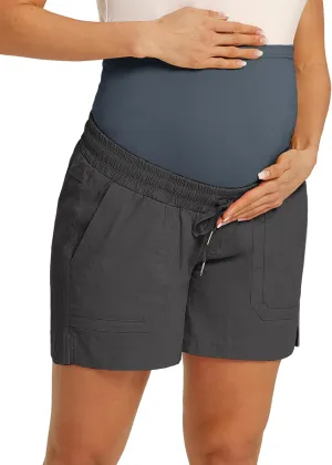 Maacie Maternity Cotton Shorts Casual Drawstring High Waist Shorts with Pockets
