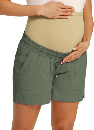 Maacie Maternity Cotton Shorts Casual Drawstring High Waist Shorts with Pockets