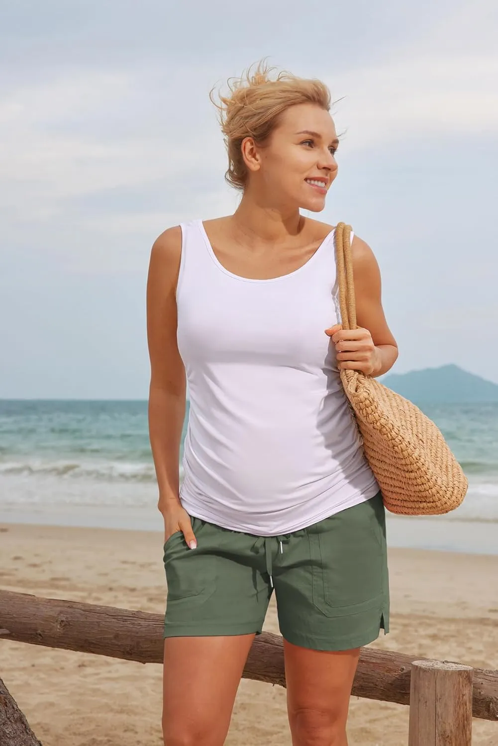 Maacie Maternity Cotton Shorts Casual Drawstring High Waist Shorts with Pockets