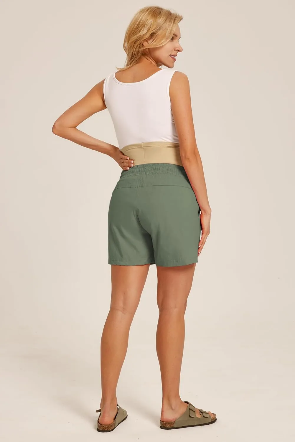 Maacie Maternity Cotton Shorts Casual Drawstring High Waist Shorts with Pockets