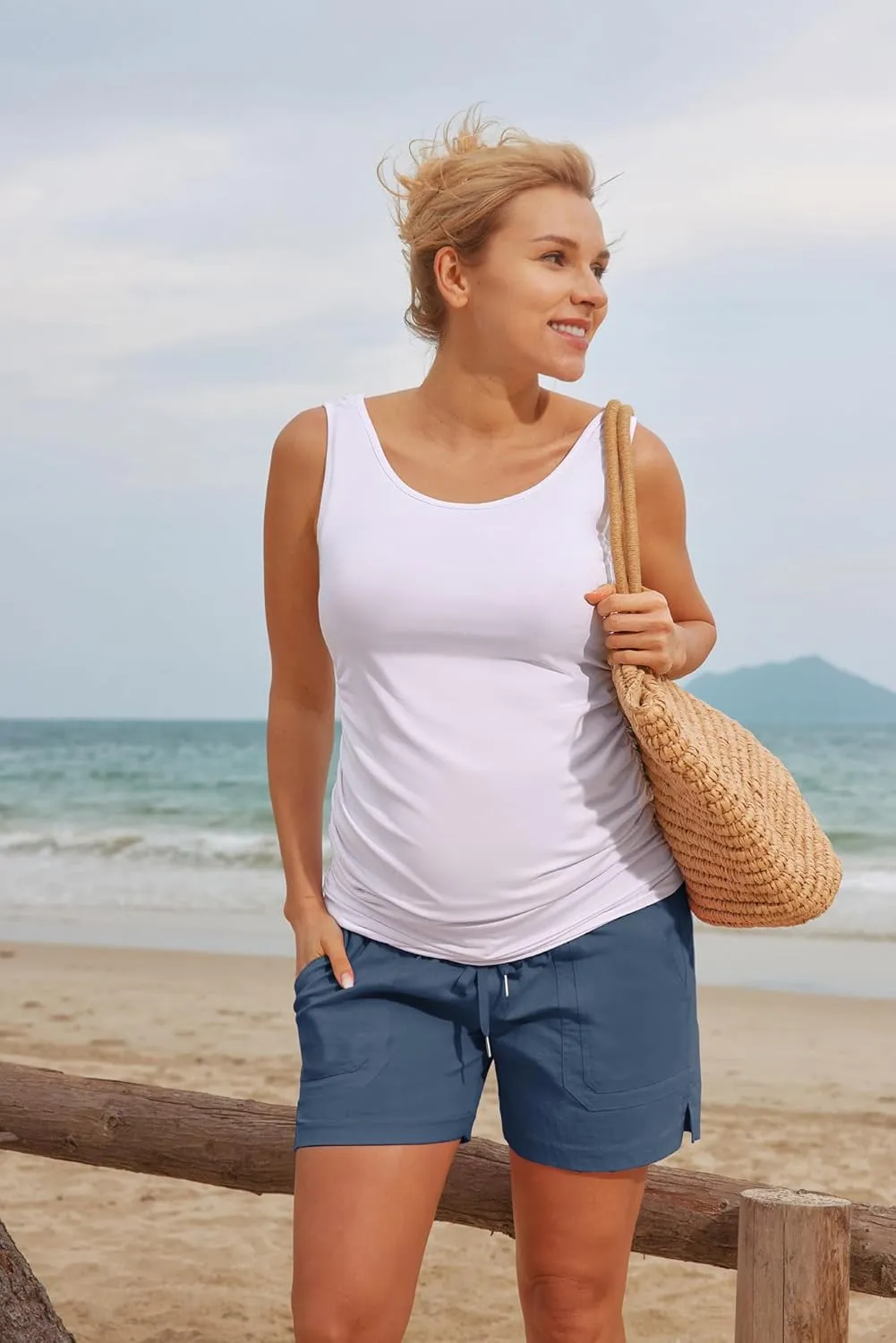 Maacie Maternity Cotton Shorts Casual Drawstring High Waist Shorts with Pockets