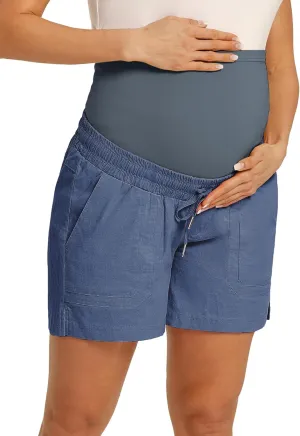 Maacie Maternity Cotton Shorts Casual Drawstring High Waist Shorts with Pockets