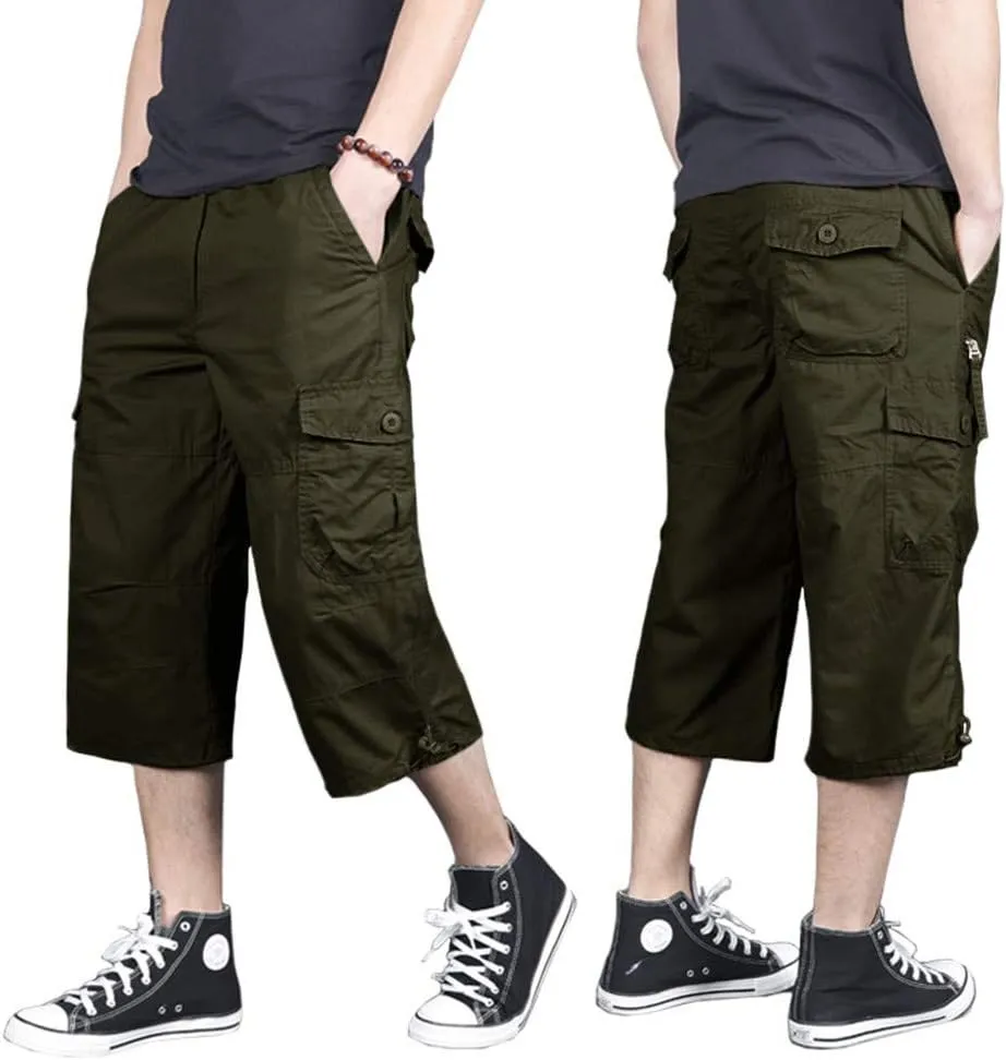 MAGNIVIT Men's Capri Long Elastic Cargo Shorts Below Knee Shorts 3/4 Cotton Cargo Casual Shorts with Multi-Pockets