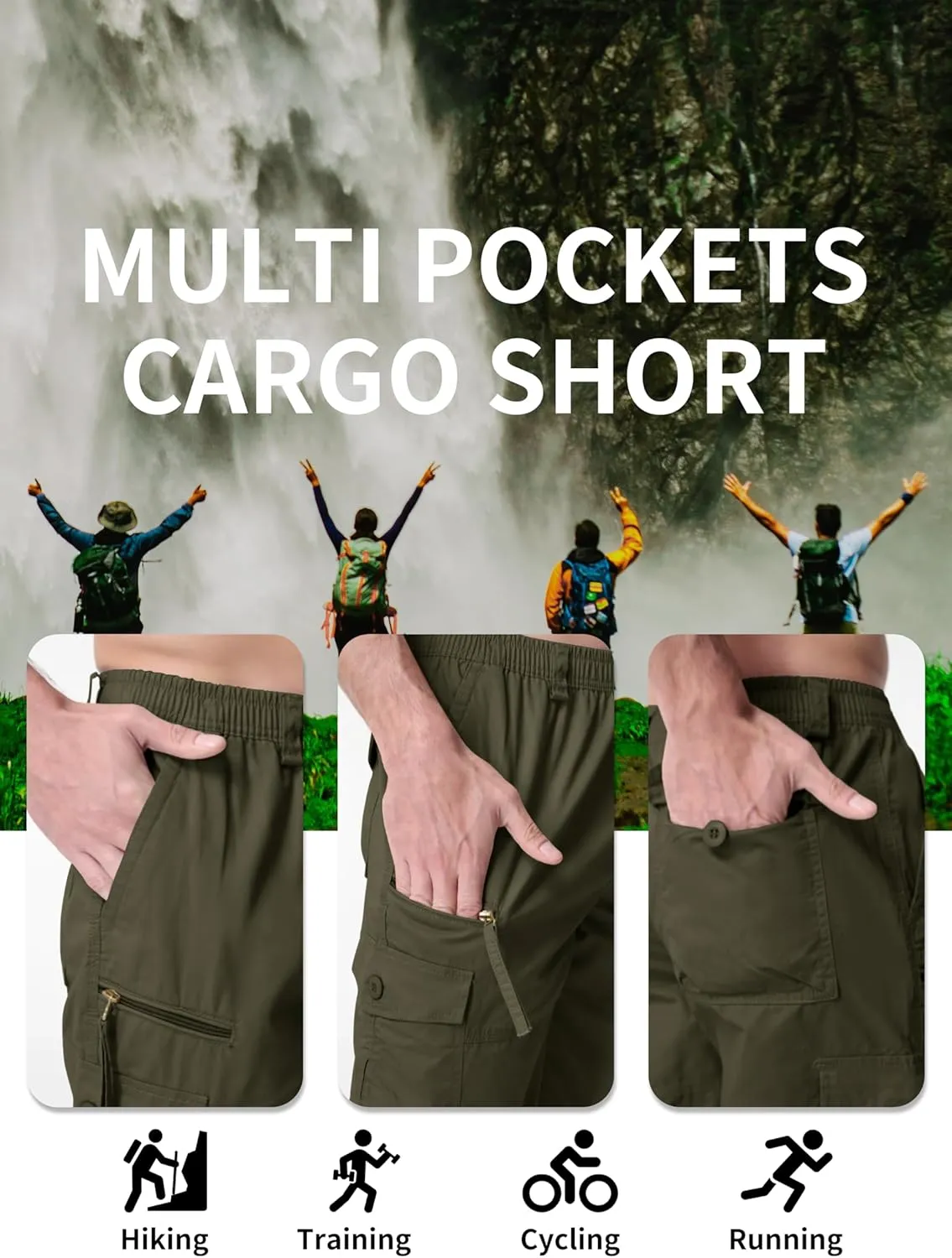 MAGNIVIT Men's Capri Long Elastic Cargo Shorts Below Knee Shorts 3/4 Cotton Cargo Casual Shorts with Multi-Pockets