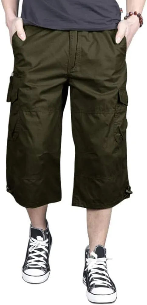 MAGNIVIT Men's Capri Long Elastic Cargo Shorts Below Knee Shorts 3/4 Cotton Cargo Casual Shorts with Multi-Pockets
