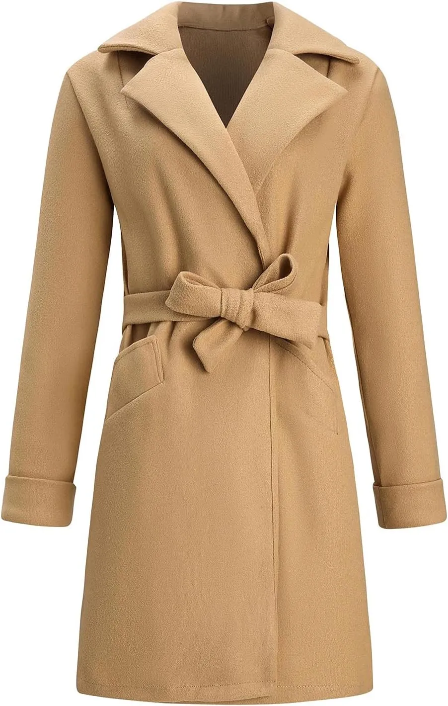 maisdgop Trench Coat for Women Winter Lapel Woolen Cloth Peacoats Open Front Windbreaker Long Sleeve Overcoat with Pockets