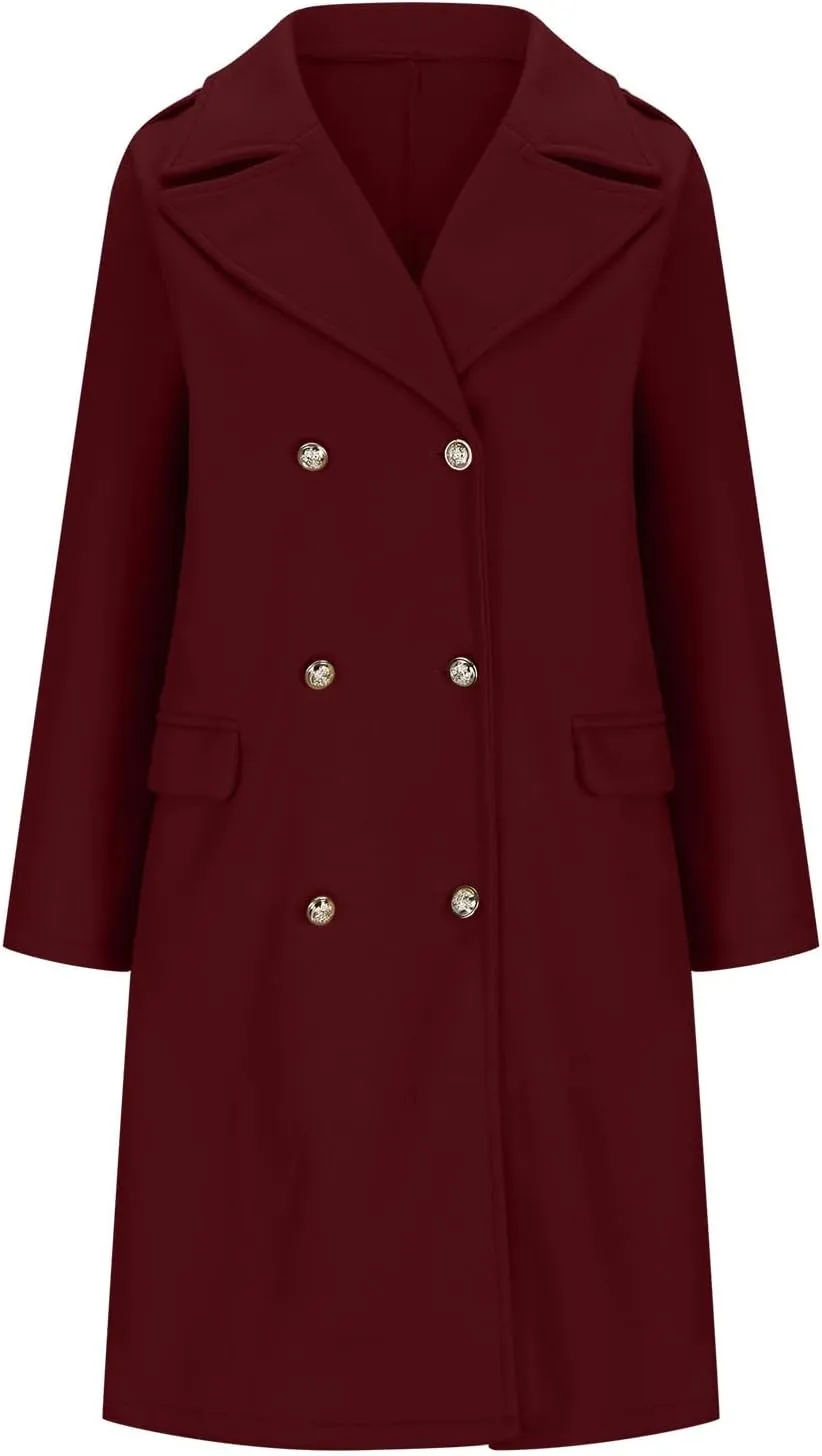 maisdgop Womens Pea Coat Winter Notch Lapel Wool Coat Double Breasted Business Windbreaker Casual Long Woolen Trench Coat