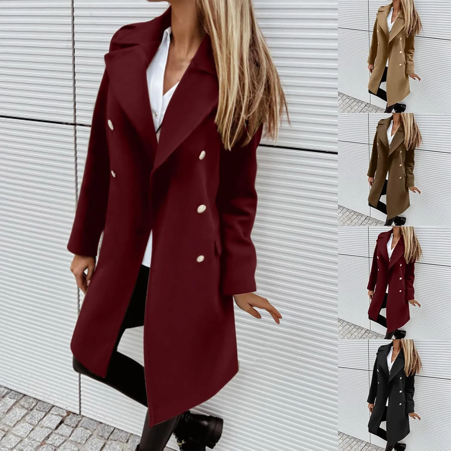 maisdgop Womens Pea Coat Winter Notch Lapel Wool Coat Double Breasted Business Windbreaker Casual Long Woolen Trench Coat