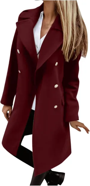 maisdgop Womens Pea Coat Winter Notch Lapel Wool Coat Double Breasted Business Windbreaker Casual Long Woolen Trench Coat