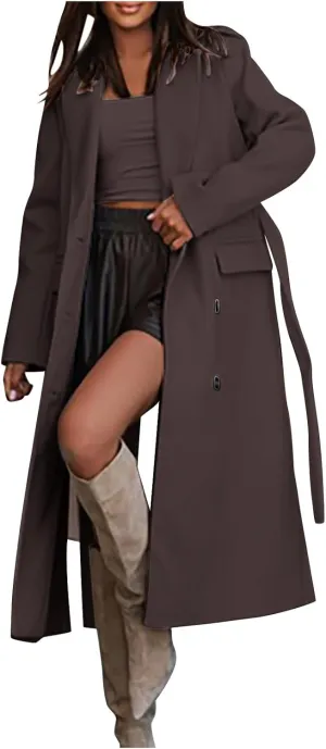 maisdgop Womens Pea Coat Winter Notch Lapel Wool Coat Double Breasted Business Windbreaker Casual Long Woolen Trench Coat