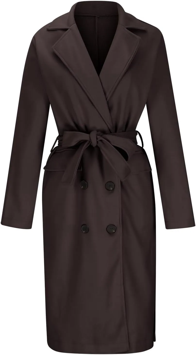 maisdgop Womens Pea Coat Winter Notch Lapel Wool Coat Double Breasted Business Windbreaker Casual Long Woolen Trench Coat