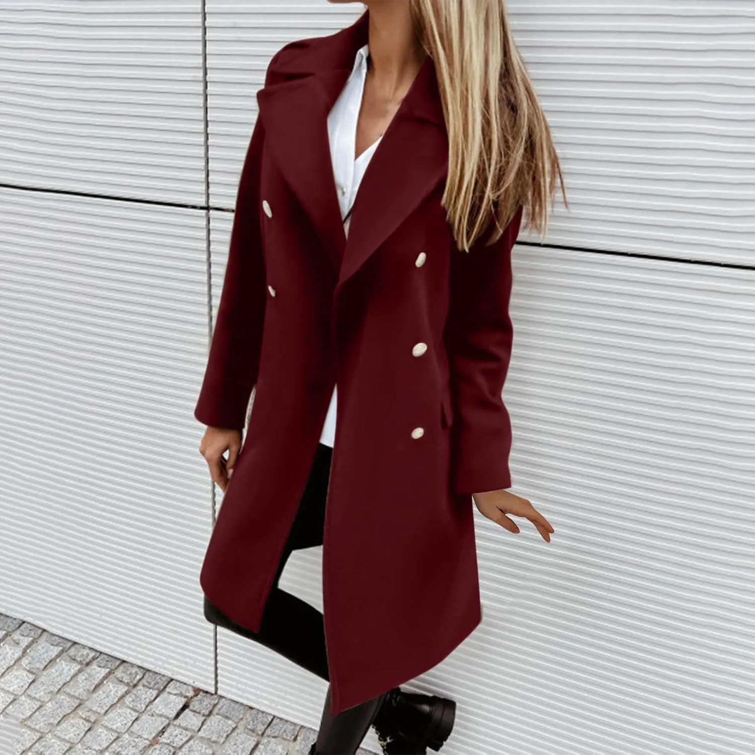 maisdgop Womens Pea Coat Winter Notch Lapel Wool Coat Double Breasted Business Windbreaker Casual Long Woolen Trench Coat