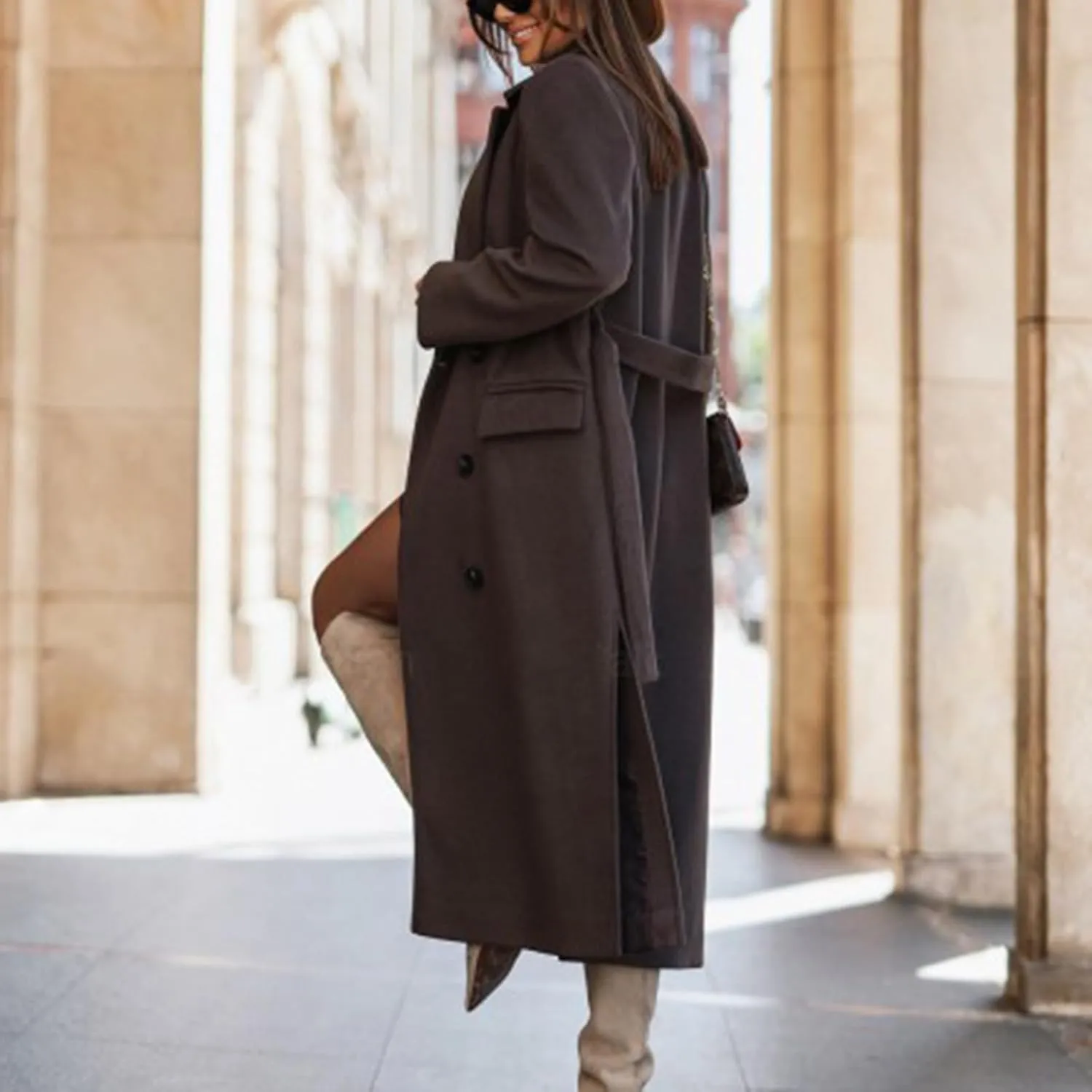 maisdgop Womens Pea Coat Winter Notch Lapel Wool Coat Double Breasted Business Windbreaker Casual Long Woolen Trench Coat