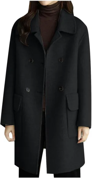 maisdgop Women's Trench Coat 2024 Winter Open Front Double Breasted Peacoats Comfy Long Sleeve Lapel Button down Windbreaker