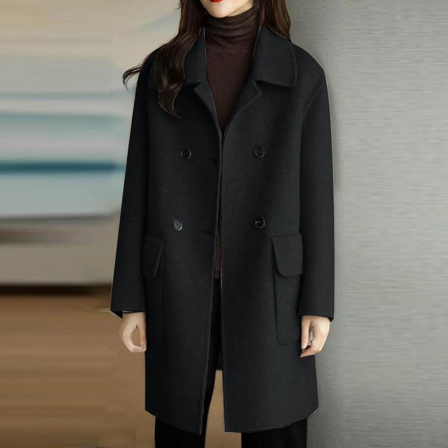 maisdgop Women's Trench Coat 2024 Winter Open Front Double Breasted Peacoats Comfy Long Sleeve Lapel Button down Windbreaker
