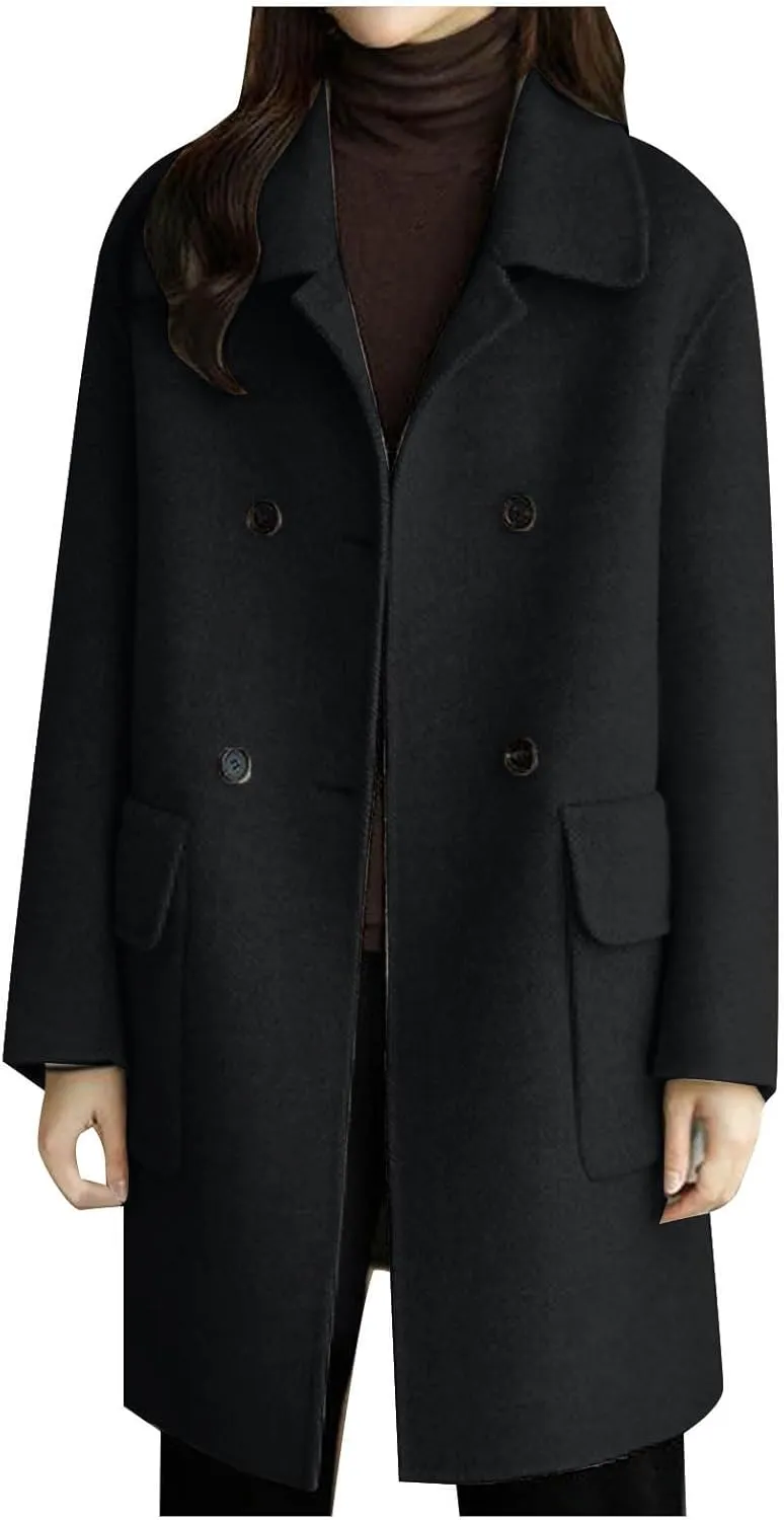 maisdgop Women's Trench Coat 2024 Winter Open Front Double Breasted Peacoats Comfy Long Sleeve Lapel Button down Windbreaker