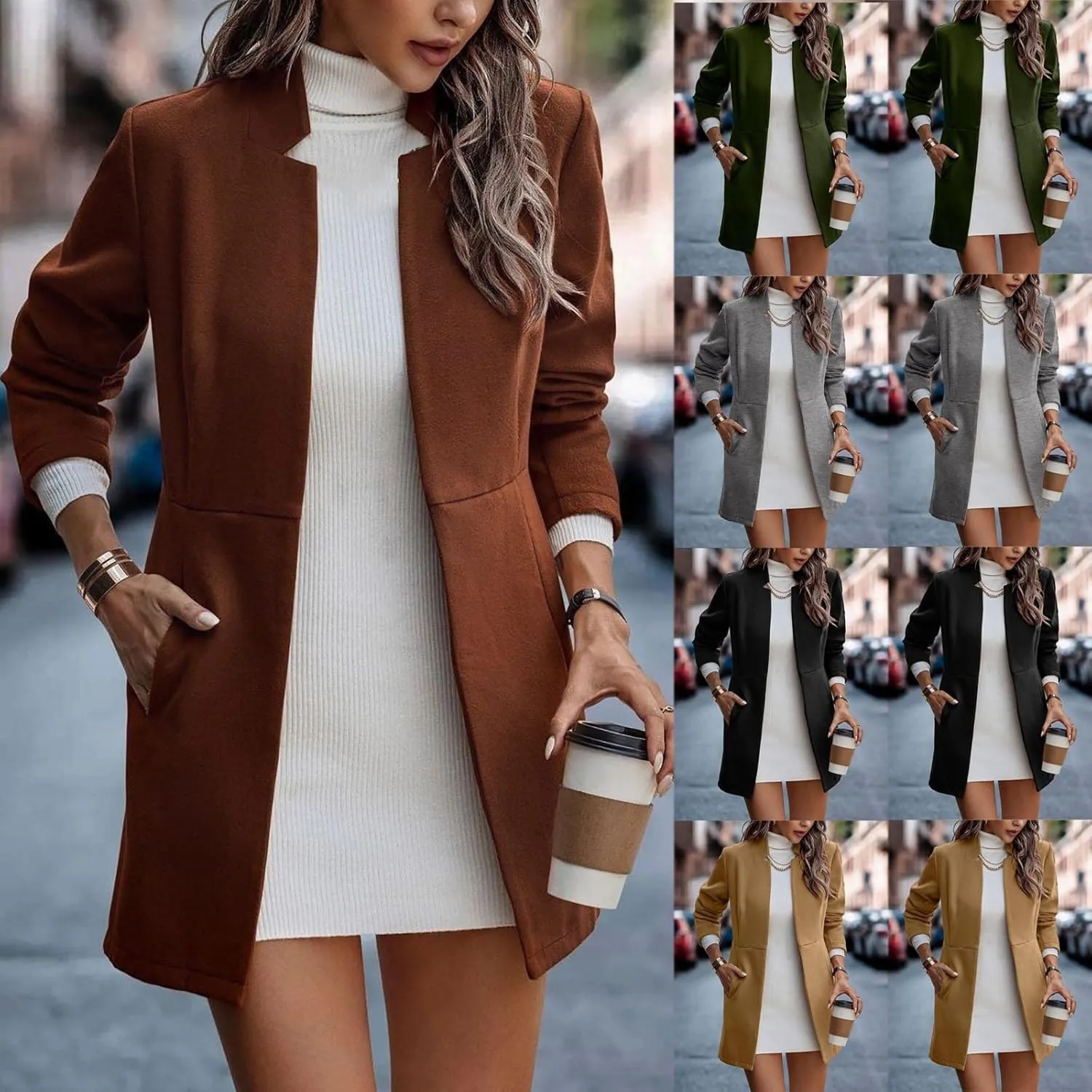 maisdgop Women's Trench Coat Open Front Long Sleeve Windbreaker Jacket Classic Belted Lapel Waterproof Overcoat with Pockets