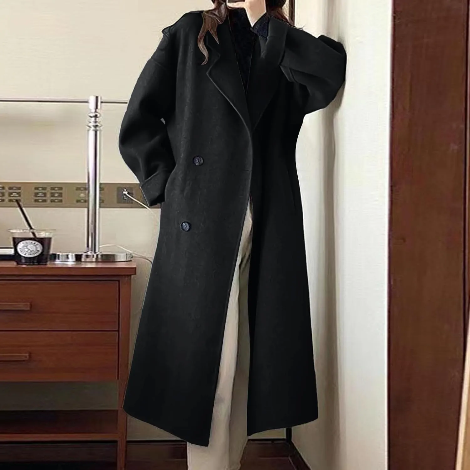 maisdgop Wool Trench Coat Women Long Sleeve Mid Length Windbreaker Winter Woolen Cloth Peacoats Fashion Solid Lapel Jacket