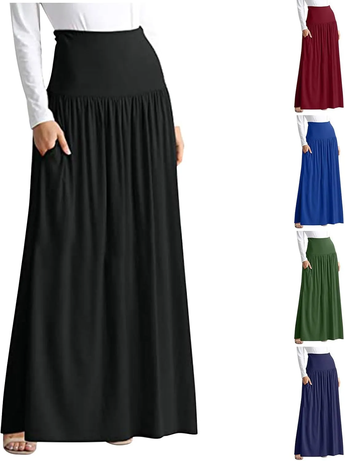 Maxi Skirts for Women Casual High Waisted Ankle Length Long Skirt Flowy Swing Pleated A-Line Skirt with Pockets