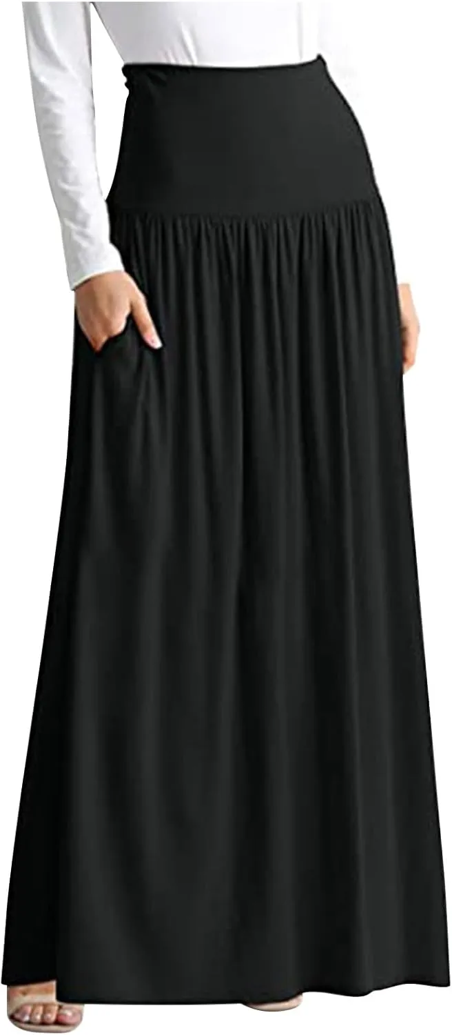 Maxi Skirts for Women Casual High Waisted Ankle Length Long Skirt Flowy Swing Pleated A-Line Skirt with Pockets
