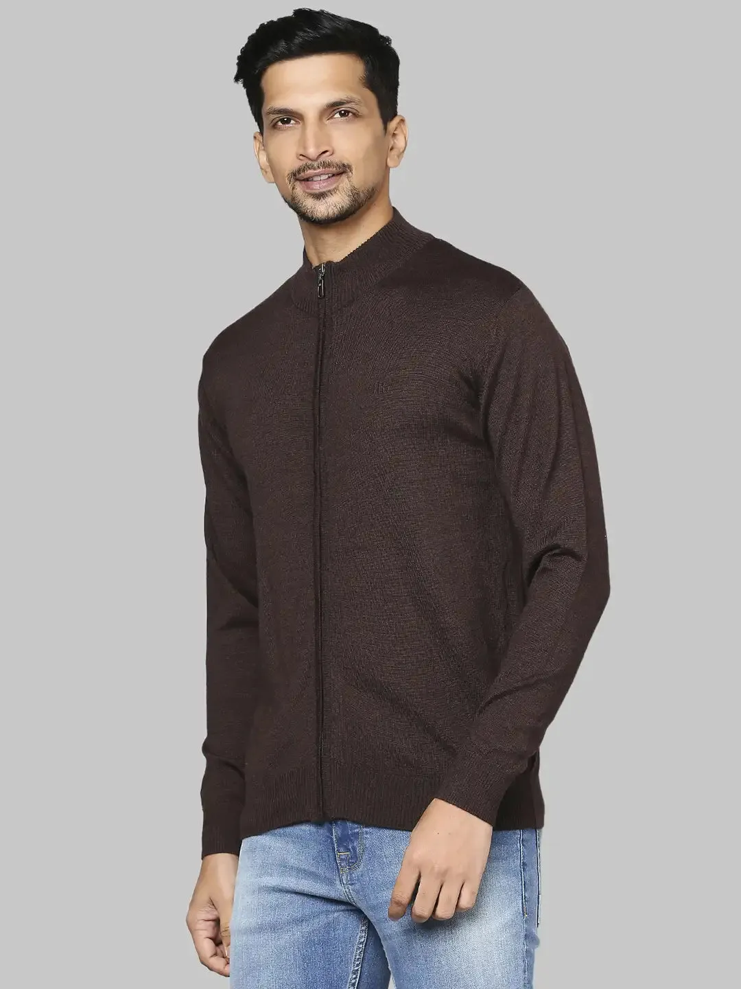 Men Brown Contemporary Fit Solid Wool Blend Band Collar Sweaters